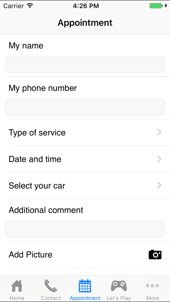 Interface for scheduling a vehicle service appointment in the Chase Chevrolet mobile app