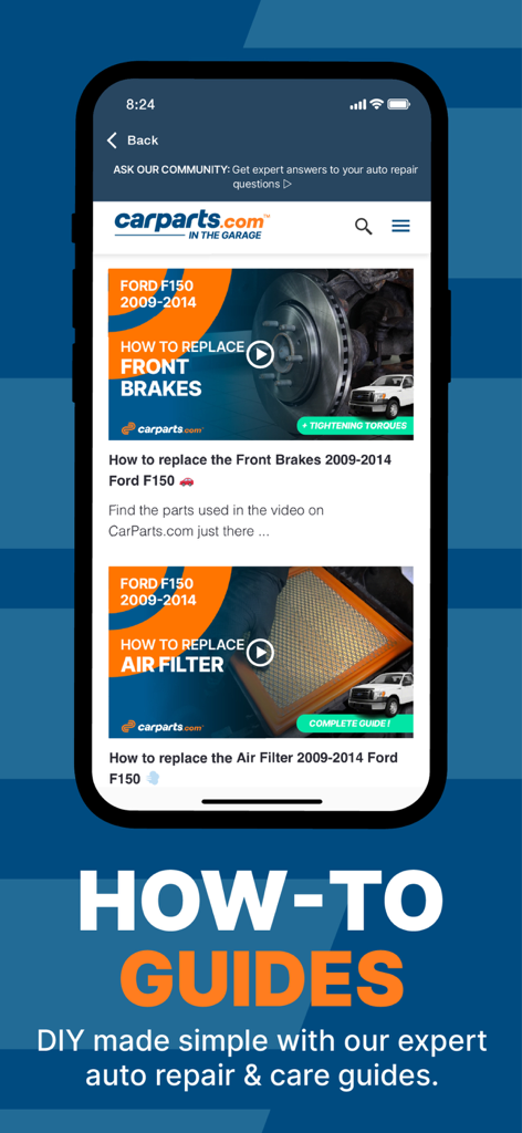 Pantalla de la aplicación CarParts que muestra guías de reparación de automóviles de bricolaje para frenos delanteros y filtros de aire de Ford F150.