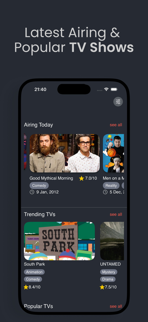 Xuper TV app interface displaying trending and airing today TV shows including South Park and Good Mythical Morning