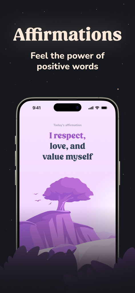 Navamsha: Moon Phase Calendar - Screenshot der Navamsha-App mit einer täglichen positiven Affirmation vor einem violetten Landschaftshintergrund.