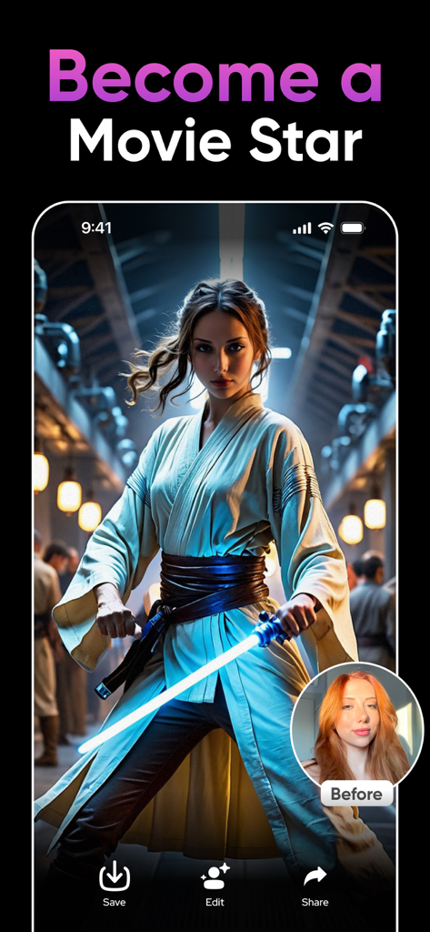 AI Photo Generator: Remake AI - Smartphone screen displaying an AI transformation of a woman into a movie star character with a lightsaber
