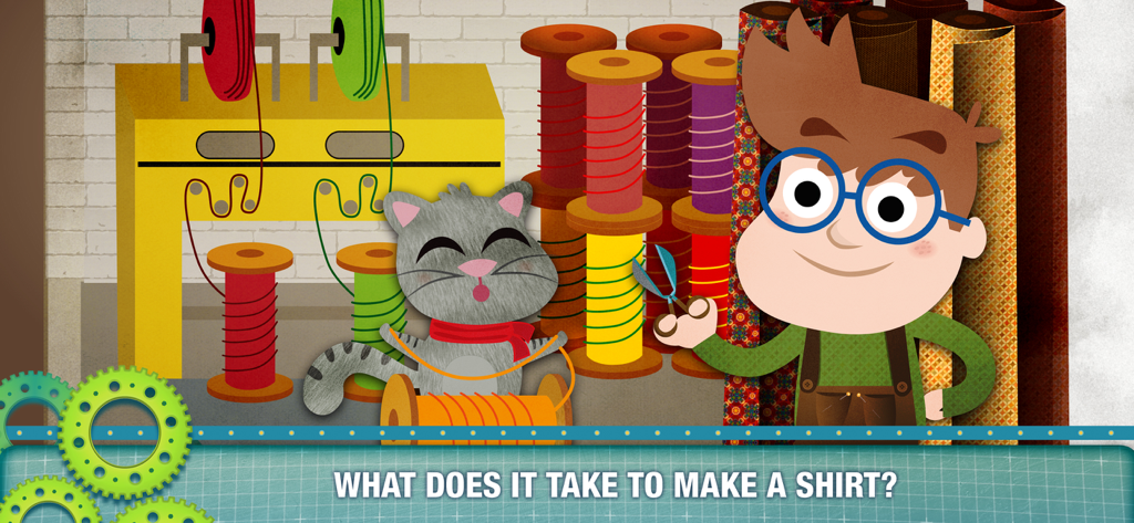 Cartoon boy and cat learning how a shirt is made in a textile factory