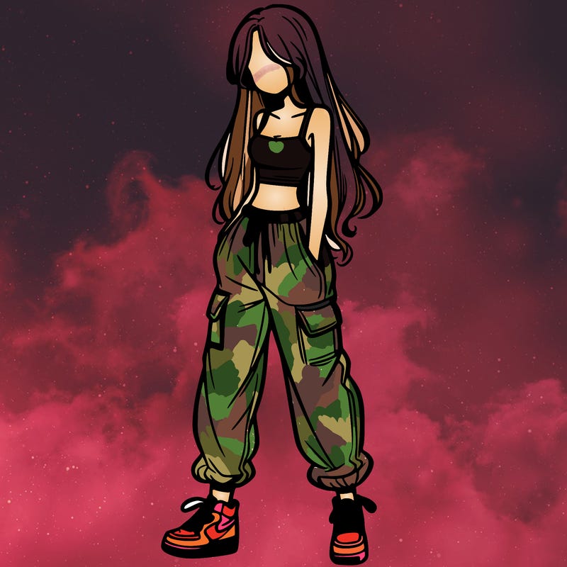 girl in baggy pants crop top and long hair