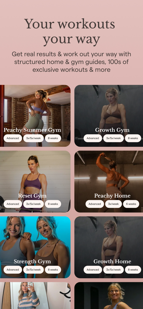 A display of several home and gym workout programs within the Beyond app featuring fitness influencer Meggan Grubb