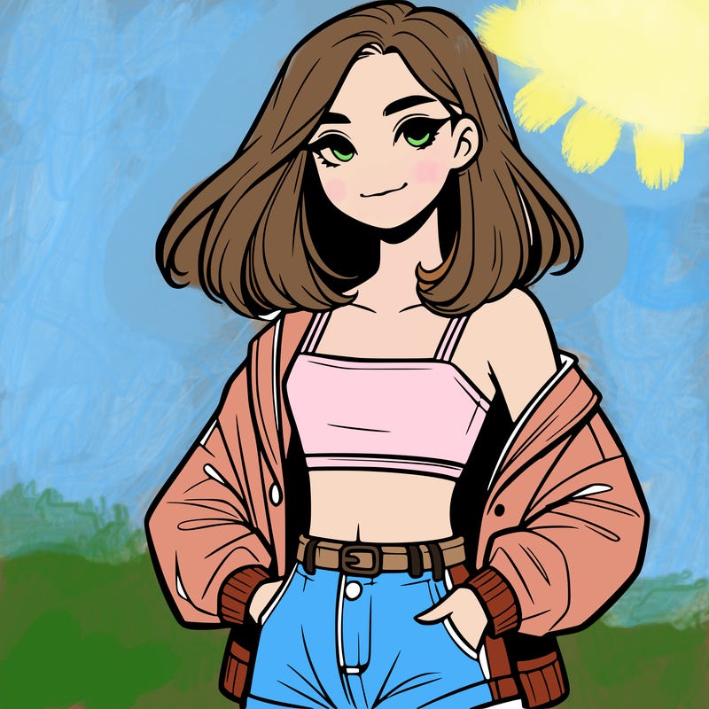 a realistic girl with a crop top and short shorts in an open jacket