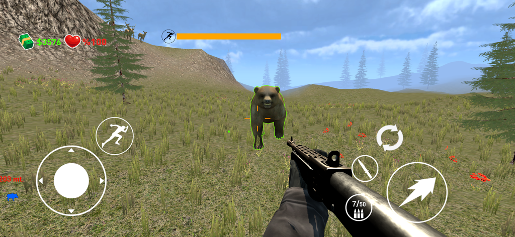 First person view of hunting a bear in a grassy wilderness landscape