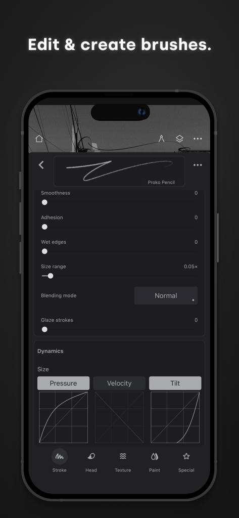 Interface of Infinite Painter app showing detailed brush customization and pressure dynamics settings.