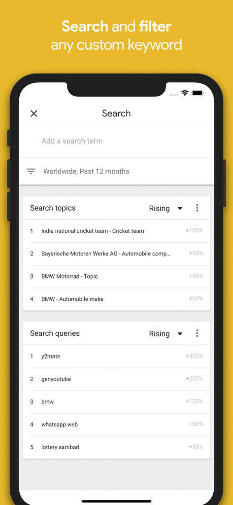 GoTrends for Google Trends - GoTrends app screenshot showing search results for rising topics and queries on an iPhone.