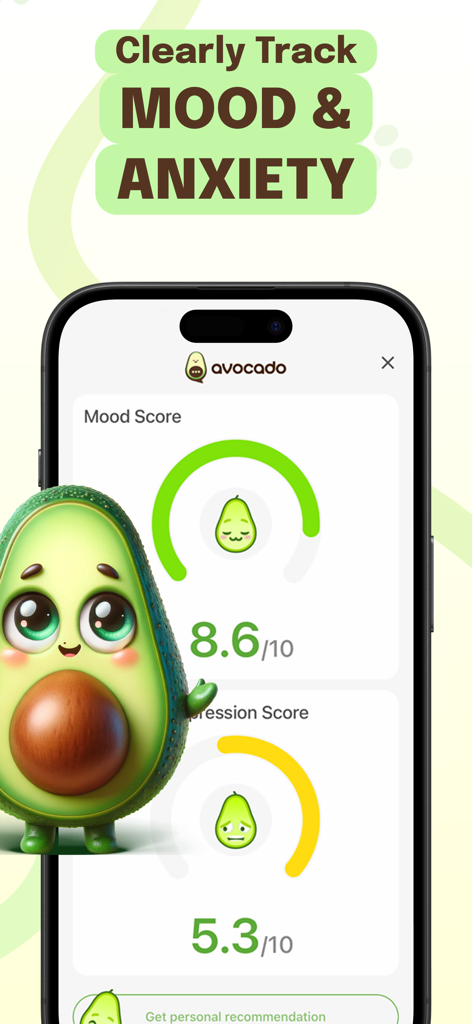 Mobile phone screen showing mood and anxiety scores with a 3D animated avocado companion