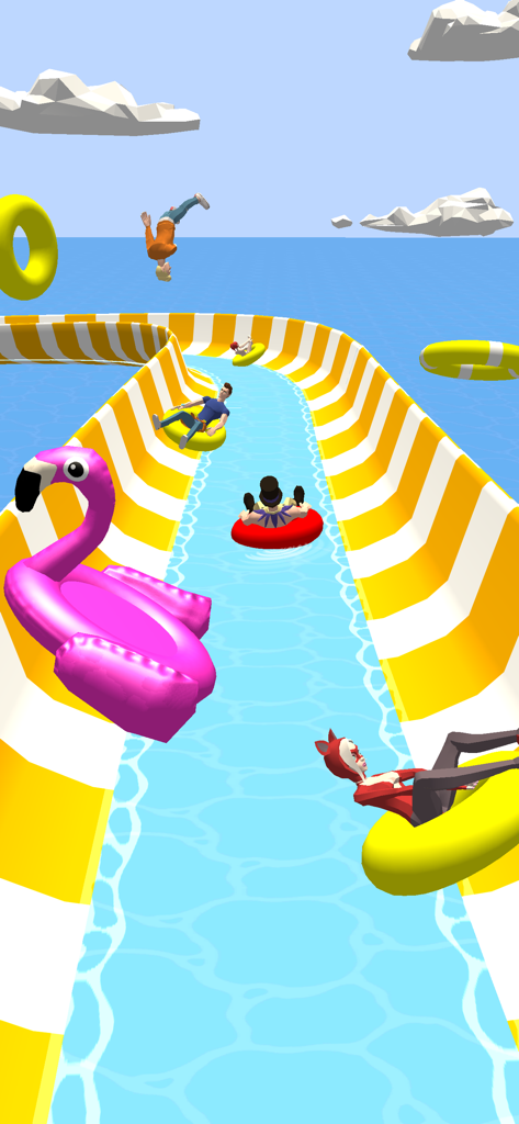 Aqua Thrills: Water Slide Park - Characters racing down a yellow and white striped water slide on colorful floats with a pink flamingo in the foreground.