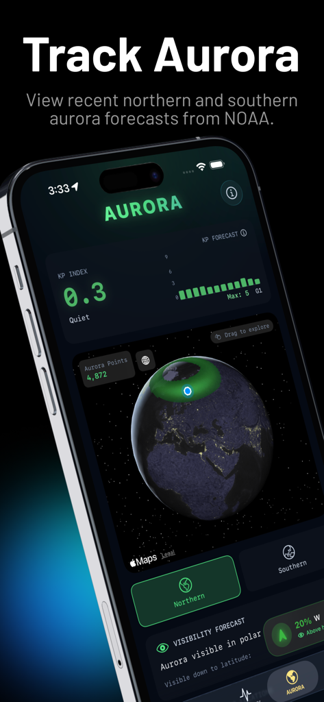 SOL.SWx: Aurora & Sun Tracker - Captura de tela do aplicativo SOL.SWx mostrando a previsão de visibilidade da aurora boreal e dados do índice KP em tempo real em um globo 3D.