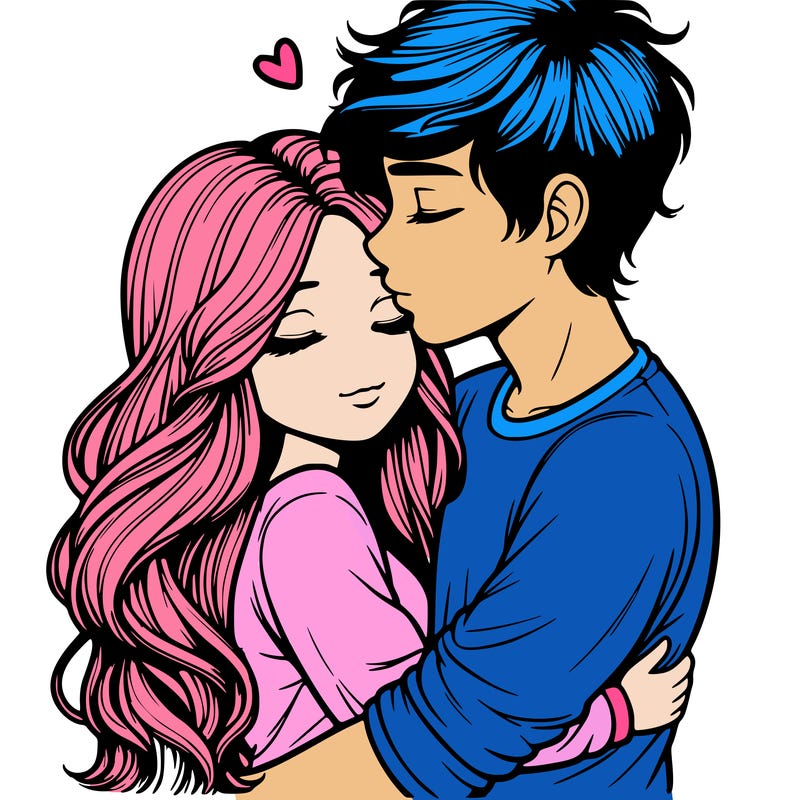a realistic couple boy and girl hugging and kissing