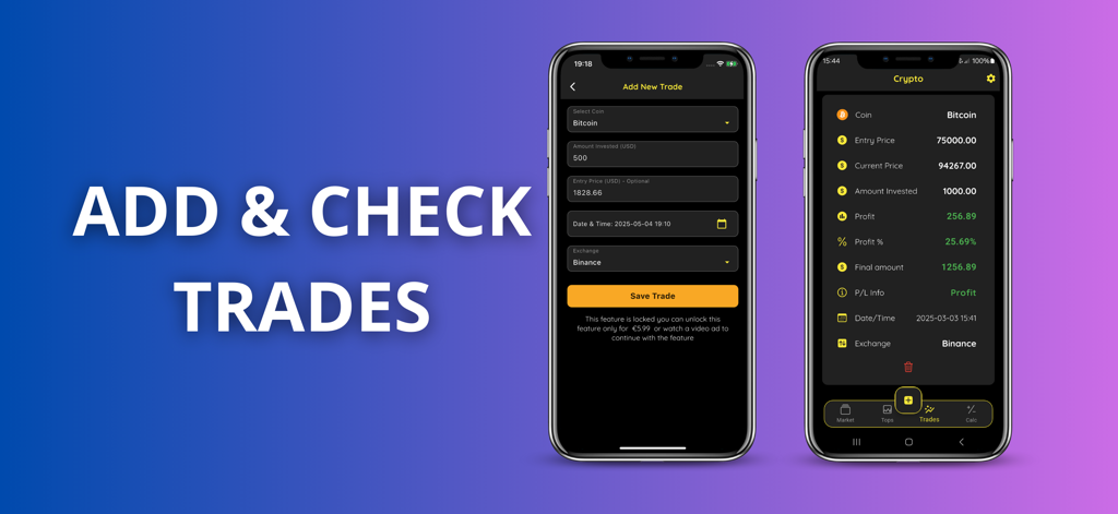 Crypto Stats & Track - Pantallas de la aplicación móvil para agregar nuevas operaciones de criptomonedas y rastrear los detalles de ganancias y pérdidas del portafolio.