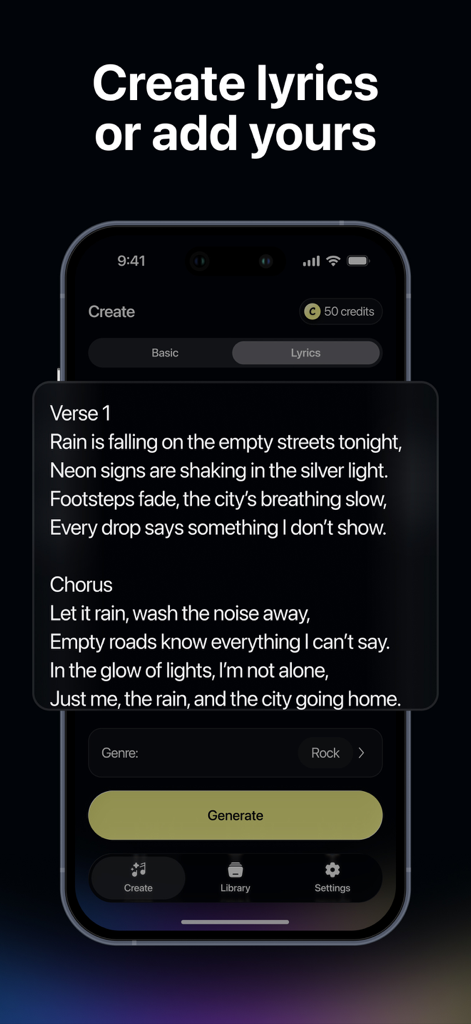 Soundraw: AI Song Music Maker - Soundraw mobile app interface showing AI-generated song lyrics for a rock track