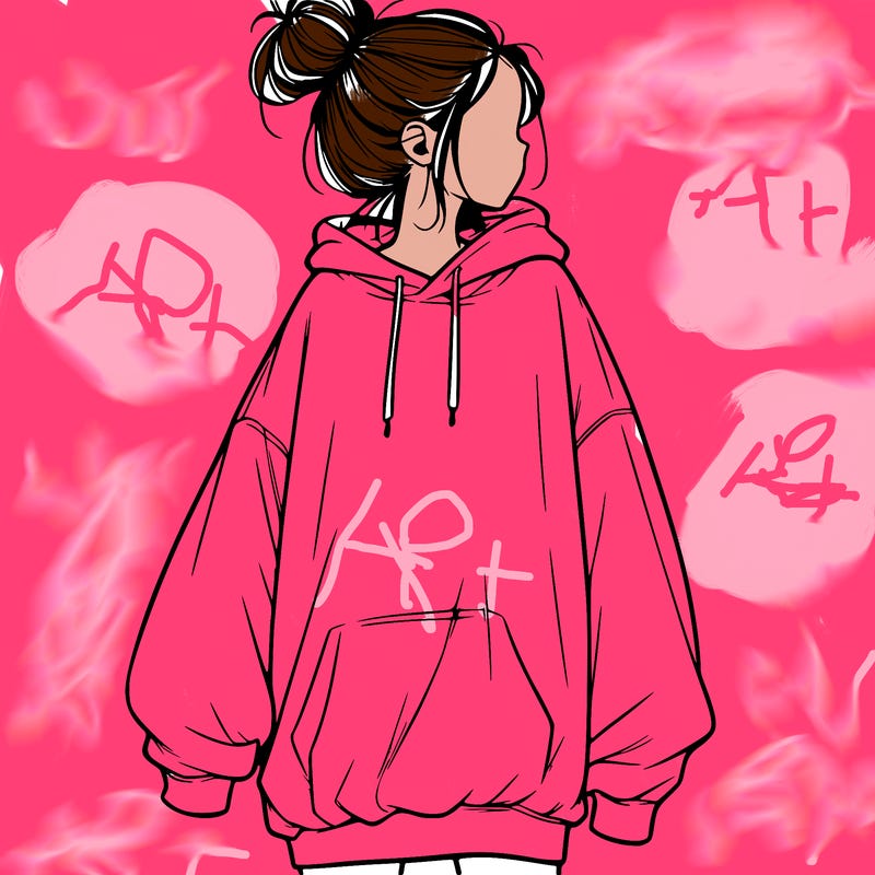 realistic girl with a oversized sweatshirt on and a bun