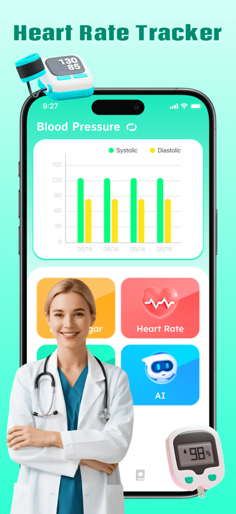 Blood Sugar Master-AI Monitor - Dashboard of the Blood Sugar Master AI Monitor app showing blood pressure charts and heart rate tracking features.