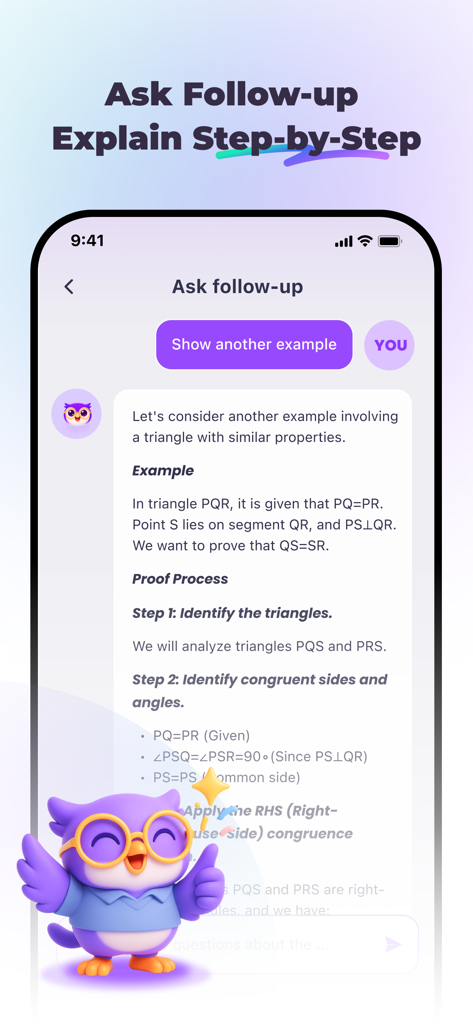 StudyX app interface showing a step-by-step geometry proof by an AI tutor