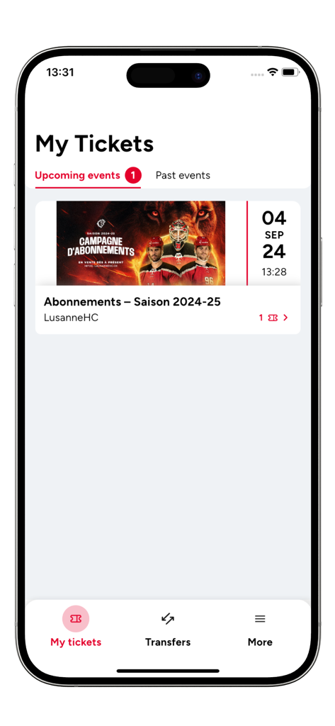 LHC Tickets - Oberfläche der mobilen App LHC Tickets zeigt den Bildschirm Meine Tickets mit einer digitalen Saisonkarte für den Lausanne Hockey Club.