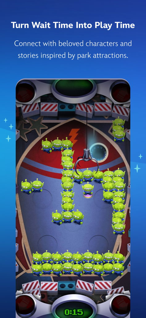 Play Disney Parks - Une capture d'écran de l'application Play Disney Parks présentant un mini-jeu d'extraterrestre Toy Story avec le titre Transformez le temps d'attente en temps de jeu.