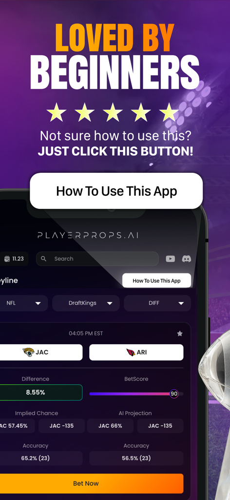 A mobile app interface for PlayerProps.ai featuring AI-powered sports betting stats and a guide for beginners.