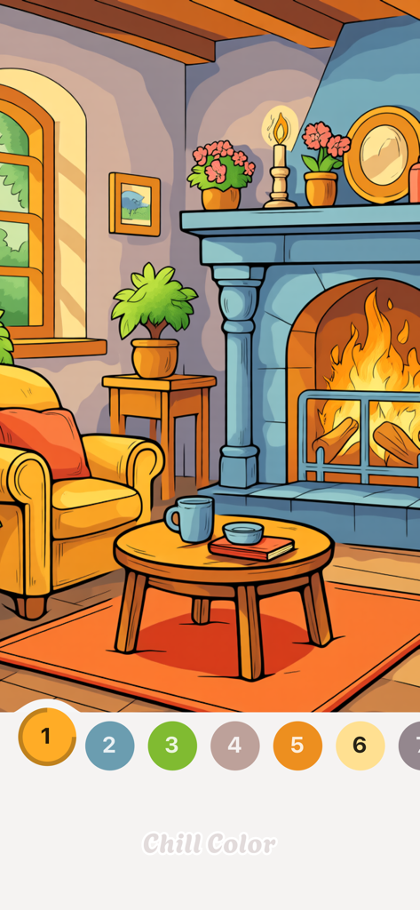 Chill Color - Paint by Number - Colorindo uma sala de estar aconchegante com lareira no aplicativo Chill Color.