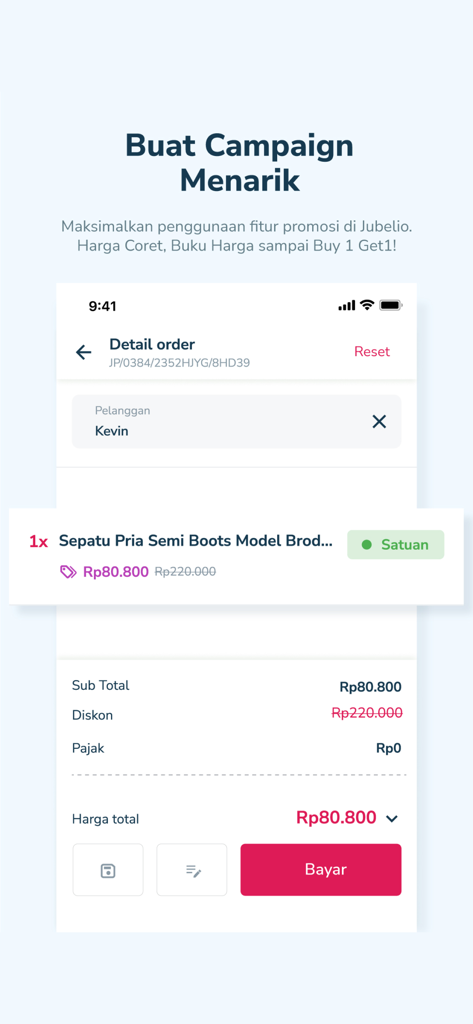 Jubelio POS - Interface of Jubelio POS app showing order details with discounted item and total price calculation.
