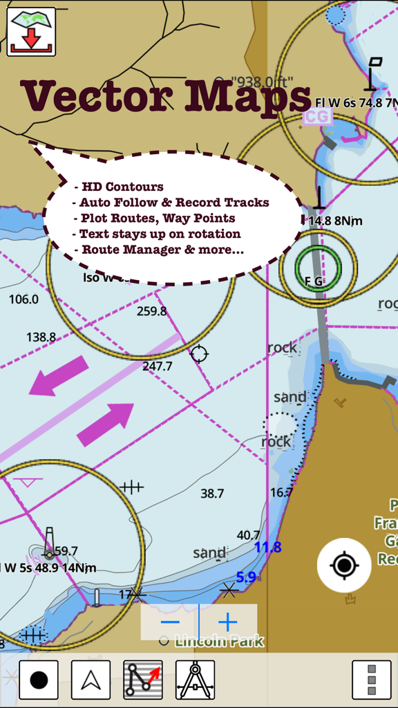 Screenshot of the i-Boating app showing a detailed nautical vector map with depth contours and navigation features