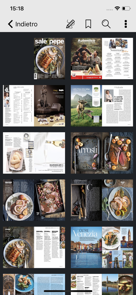Sale&Pepe - A grid view of elegant digital magazine pages from the Sale and Pepe app featuring Italian gourmet recipes and high-quality food photography.
