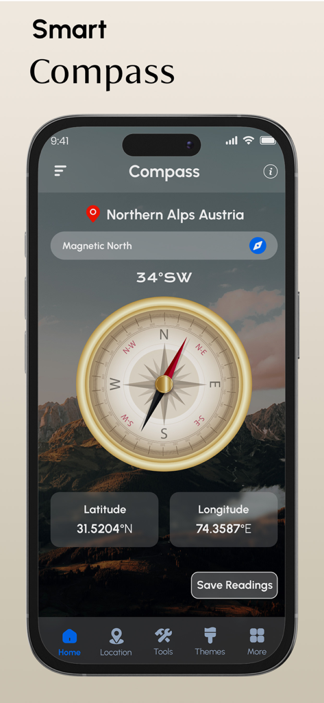 Compass & Location Tracker - Smart Compass app screen showing directional dial and GPS coordinates over a mountain background