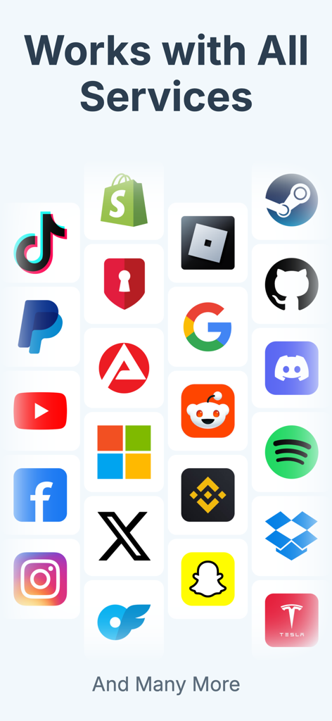 Authenticator - OTP Manager - A grid of popular app icons like Google Facebook and Binance demonstrating compatibility with various online services
