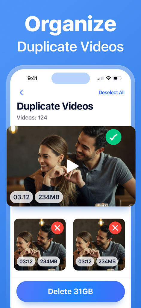 Cleanup Storage Pro - Pantalla de smartphone mostrando la aplicación Cleanup Storage Pro identificando y eliminando videos duplicados para ahorrar 31 GB de espacio de almacenamiento