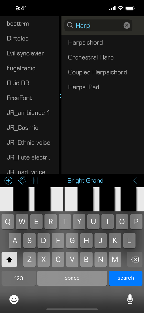 SoundFonts - Interfaz de la aplicación SoundFonts mostrando una búsqueda de parches de instrumentos de arpa y un teclado de piano virtual