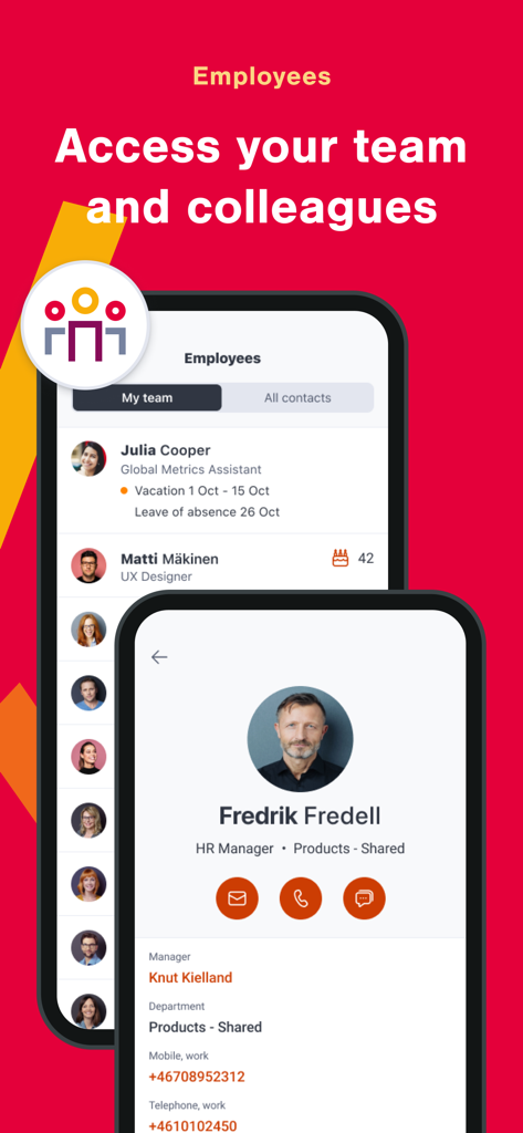 Daily by SD Worx - Ecrã móvel a mostrar a lista de contactos de funcionários e visualização de perfil de equipa na aplicação Daily by SD Worx