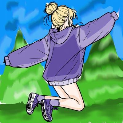 realistic girl jumping with a bun and oversized sweatshirt