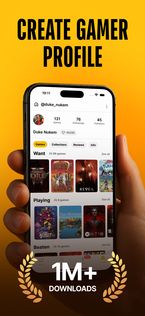 A personalized gamer profile on the Stash video games tracker app showing game collections