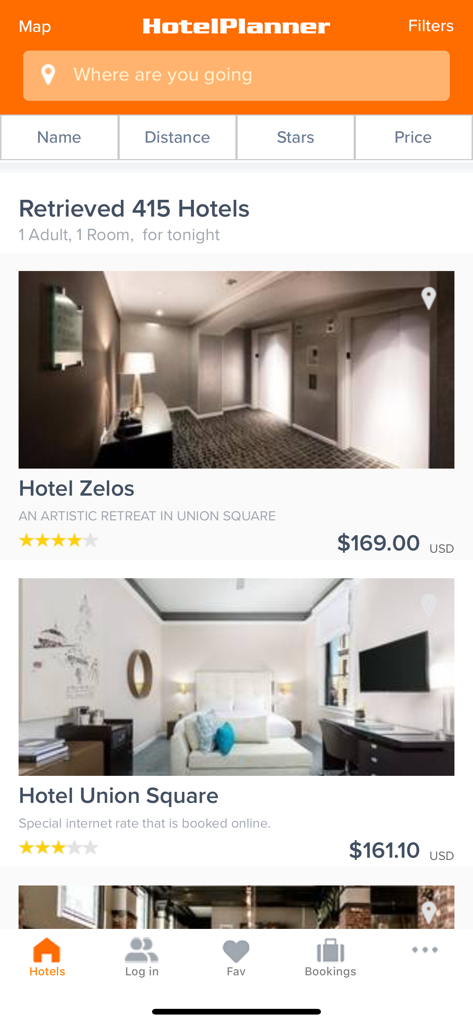 Hotel Planner - Tonight Deals - 호텔 플래너 앱의 오늘 밤 막바지 호텔 특가 목록, 별점 및 가격 표시 스크린샷.