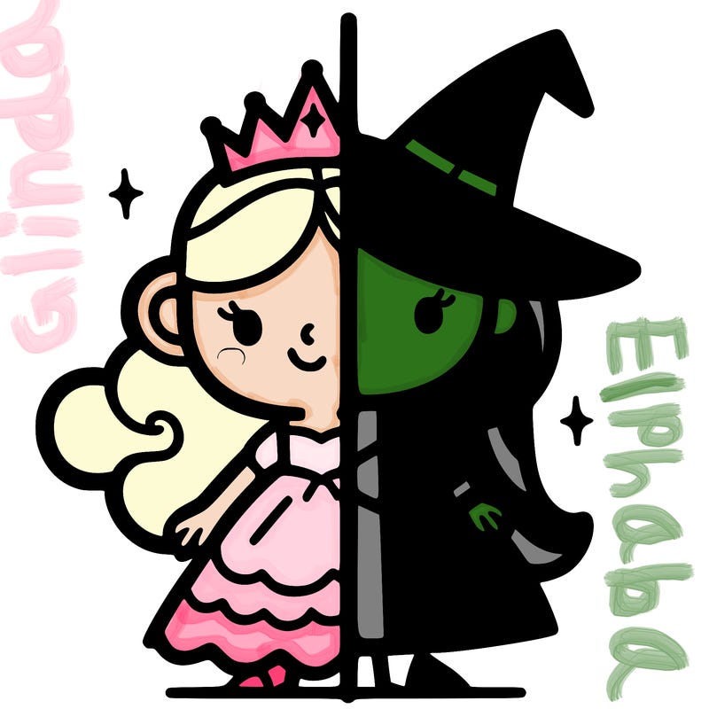 detailed split of a princess and a witch