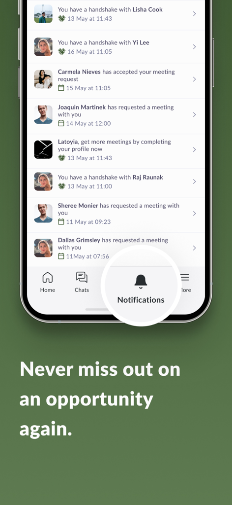 Mining Indaba 2026 app showing a list of networking notifications and meeting requests on a mobile device.
