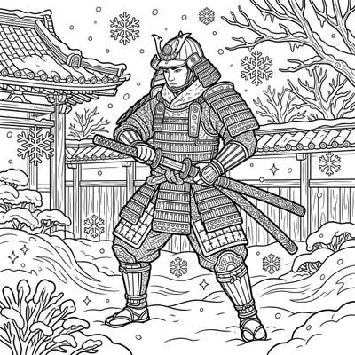 Step into a world of honor and snow with this captivating coloring page featuring a samurai katana wielder. Immerse yourself in intricate details as majestic flakes fall on traditional Japanese scenery, offering a unique winter adventure.