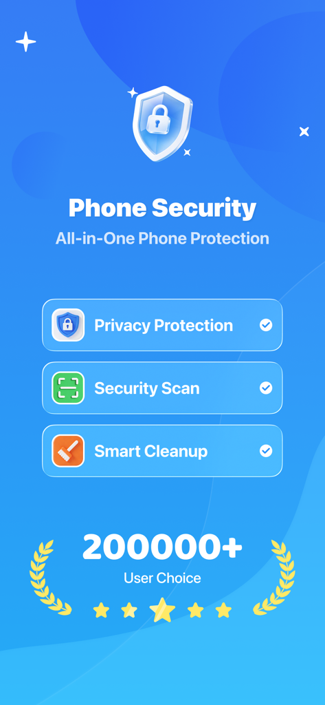 Tela principal do Limpador de IA de Segurança do Telefone apresentando verificação de segurança de proteção de privacidade e limpeza inteligente