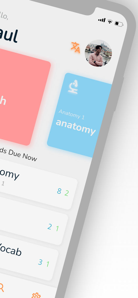 OutLearn: Spaced Repetition - OutLearn app dashboard showing anatomy and vocabulary flashcard decks for spaced repetition study