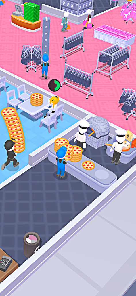 My Mini Mall: Mart Tycoon Game - Top down view of a 3D idle tycoon game showing characters managing a pizza shop and a clothing boutique in a mini mall.