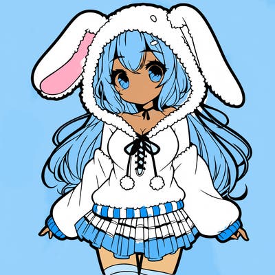 pretty anime girl wearing a fluffy hoodie with bunny ears on the hood and a skirt