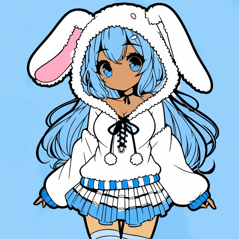 pretty anime girl wearing a fluffy hoodie with bunny ears on the hood and a skirt