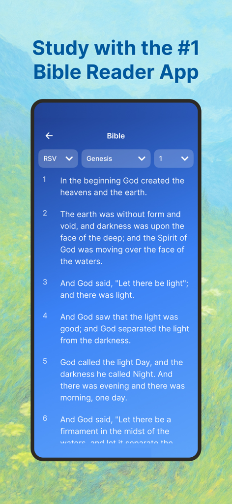 Creed: Bible Chat & Companion - Creedアプリのスクリーンショット。創世記からの聖句を含む聖書リーダーインターフェイスが表示されています