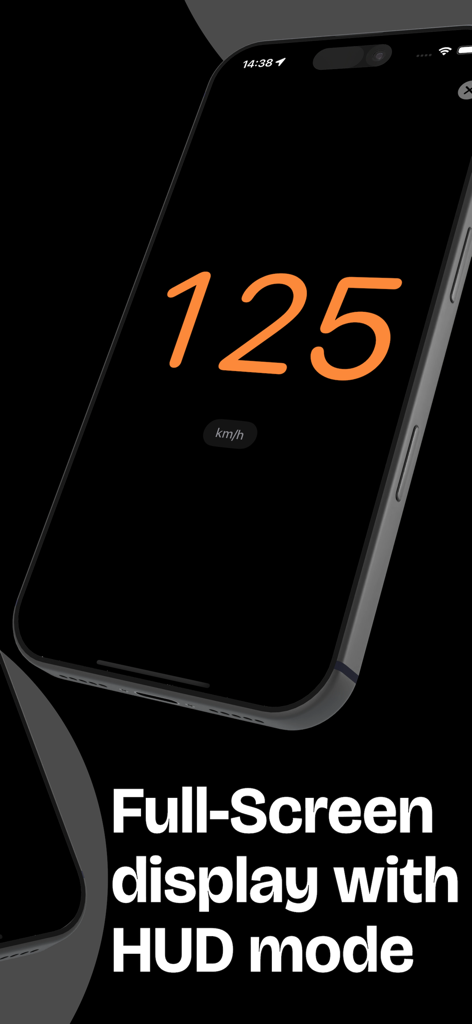 iPhone zeigt eine große digitale Geschwindigkeitsanzeige von 125 km/h im Vollbild-HUD-Modus an