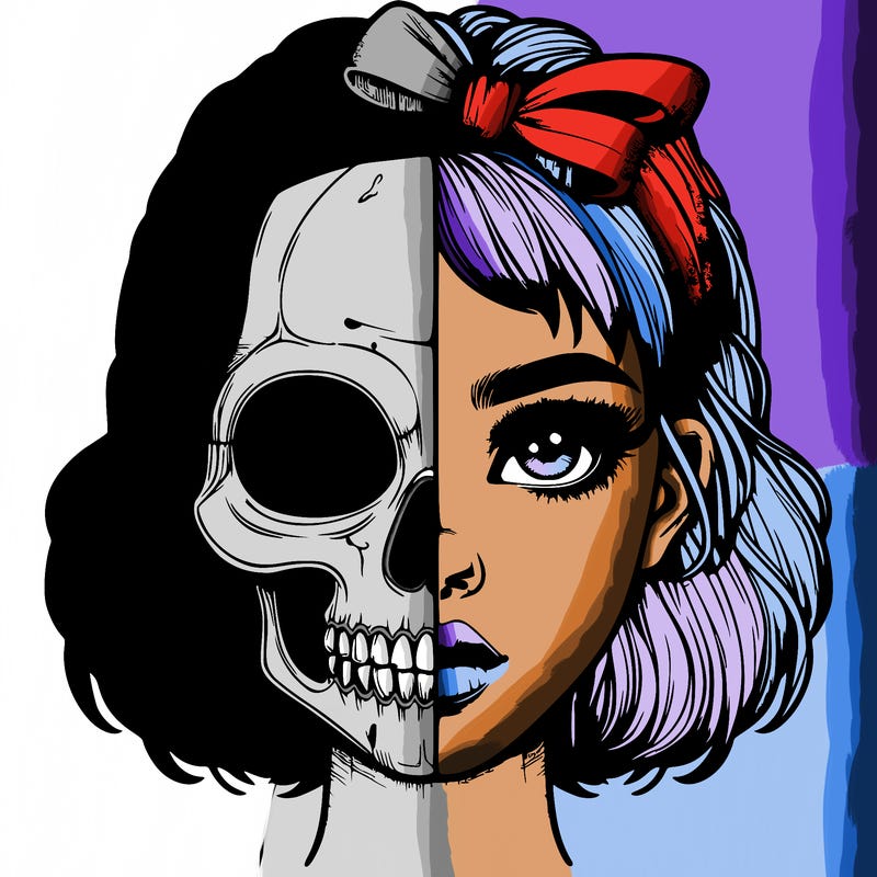 realistic girl with half skull mask