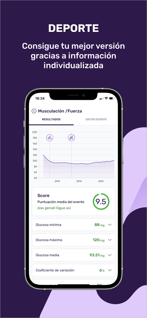 Healz - Captura de pantalla de la aplicación Healz que muestra los niveles de glucosa y las métricas de salud metabólica durante una sesión de entrenamiento de fuerza.