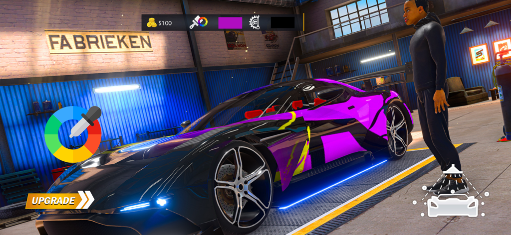 Car Dealership : Company Game - A sports car with a custom purple and black paint job in a workshop garage