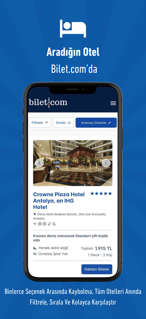 Bilet.com: Uçak Otobüs Feribot - Bilet.com mobile app screen displaying a hotel reservation page for Crowne Plaza Hotel Antalya with pricing and amenities.